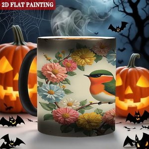 Taza de Cerámica Negra Esmerilada de 11 oz para Sublimación, Taza que Cambia de Color con Diseño de Pájaros y Flores - Product Image 6