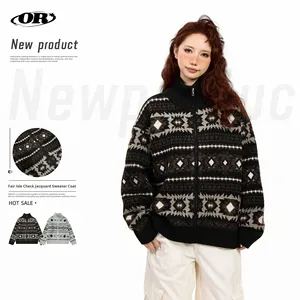 Autumn Thick Fair Isle Color Contrast Jacquard Zipper Closure Stand Collar Unisex Loose Preppy Style Knitted <strong>Cardigan</strong> <strong>Sweater</strong> - Product Image 6