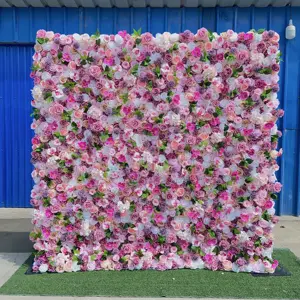 A-FW022 งานแต่งงานดอกไม้สีชมพูฉากหลัง 8ft x 8ft 3d ผ้าไหมดอกกุหลาบดอกไม้ผนังแผงม้วนดอกไม้ตกแต่งผนัง
