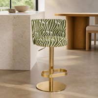 Tabouret de bar pivotant moderne en velours à motif zèbre olive, dossier bas rembourré, piétement annulaire doré, repose-pieds, réglage hydraulique, pour la maison