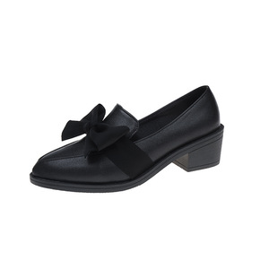 Thick Heel Plus Size Pointed Toe Bows British Style Small Leather Shoes for Women Spring Slip-on Single Mid Heel - Product Image 6