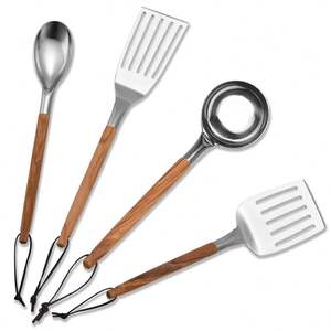 Set di 4 Utensili da Cucina in Acciaio Inox con Manico Lungo in Legno per Friggere Pesce e Bistecca - Product Image 2