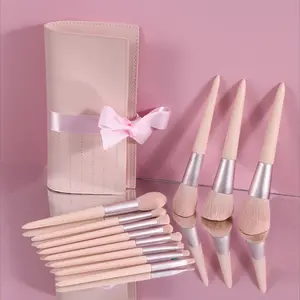 Diskon besar pabrik harga rendah kualitas tinggi kustom Logo Foundation Blush bubuk Eye Shadow 11 buah kuas Makeup Pink Set dengan tas