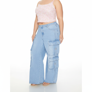 New Manufacturer Unisex Wide Leg Streetwear Baggy Plus Size Straight Fit <b>Women</b> Jeans Cargo Pockets Pants <b>Trousers</b> - Product Image 1