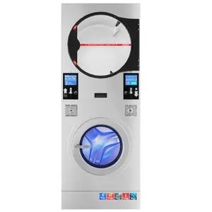 Pengering pencuci tumpuk otomatis penuh peralatan binatu koin desain pemuatan depan Panel kontrol layar sentuh mudah digunakan