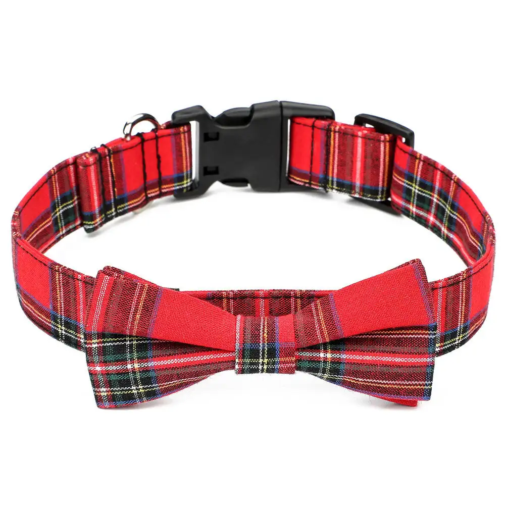 Luxury Designer Classical Large Adjustable Plaid Christmas Pattern Red Buffalo Dog Bow Tie Collar