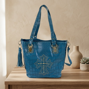Bolso de Mano Personalizable de Cuero Genuino Turquoise Gator de Primera Calidad con Pedrería y Cuentas, Estilo Bohemio - Product Image 2