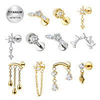 Piercing d'oreille en titane ASTM F136 à filetage interne avec zircone cubique (CZ) en forme d'étoile, de lune, de croix ou de fleur pour tragus, hélix et cartilage