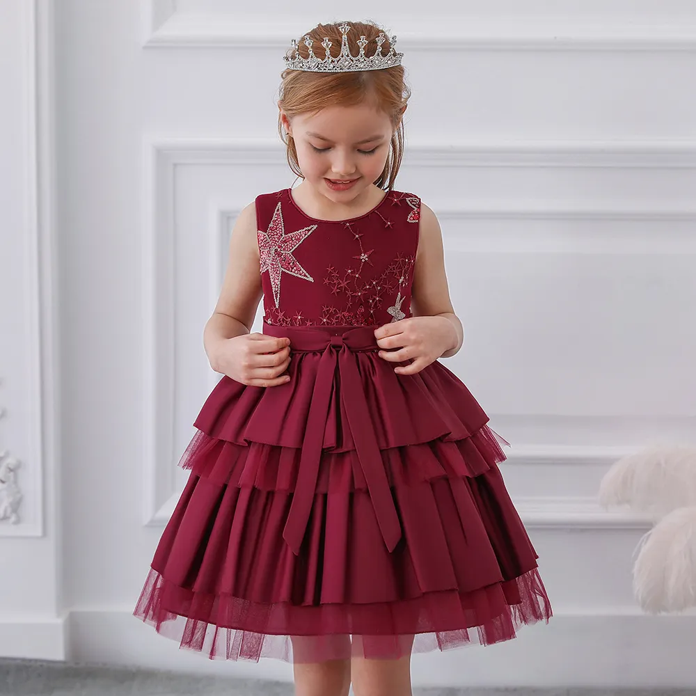 Desain terbaru gaun anak-anak ulang tahun gaun Tutu pesta anak perempuan berpayet bunga L5158