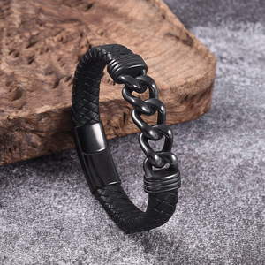 Handmade Braided <b>Leather</b> <b>Bracelet</b> for Men | PVD Gold Stainless Steel Magnetic Clasp with Chain Link Design | Men's Fashion Brace - Product Image 4