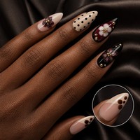 Ongles à presser personnalisés en ABS bordeaux, forme amande, motif floral 3D, pois, noir, beige, gel brillant, vente en gros OEM