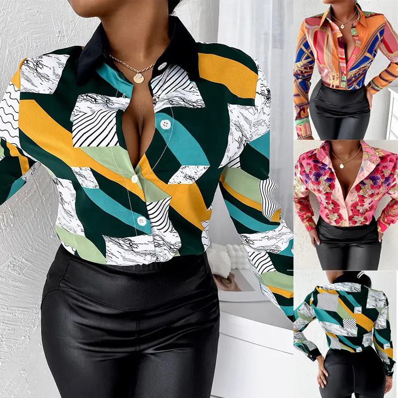 Designer Long Sleeve Lapel Single Breasted Fashion Print Shirt Casual Tops Blouse for Women