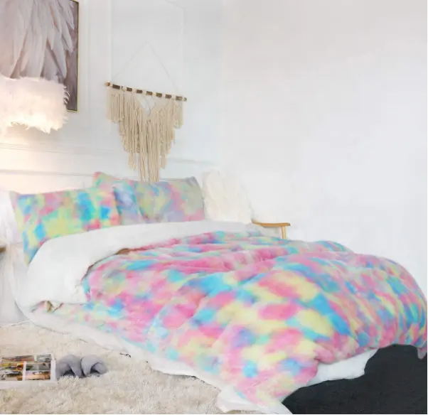 4pcs colorful plush shaggy faux fur fluffy mink wool velvet bed sheet
