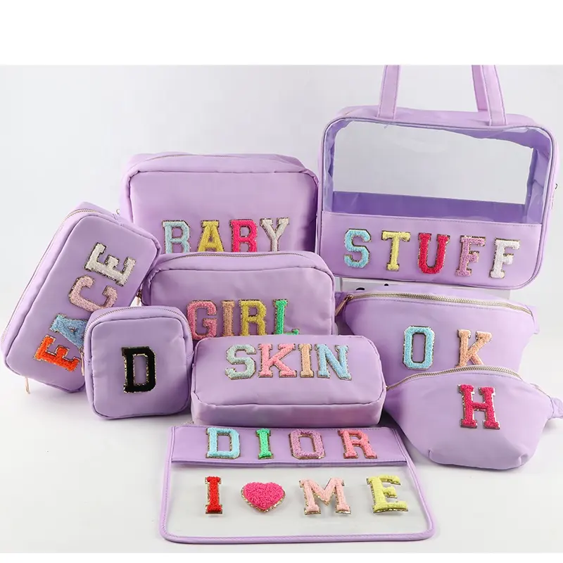 Bolsas de maquillaje con letras de chenilla brillantes para mujer, bolsa plana con cremallera para niñas, bolsa de viaje con cremallera de nailon