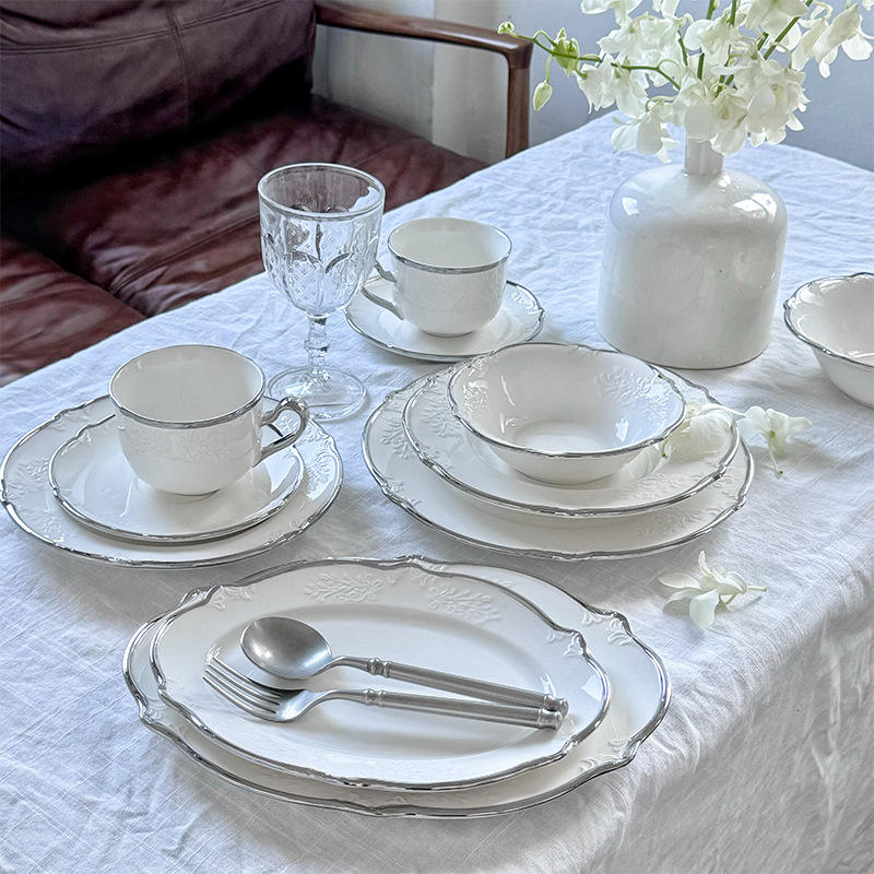 Embossed White China Plates Jacotta Emboss Bone China Dishes Set