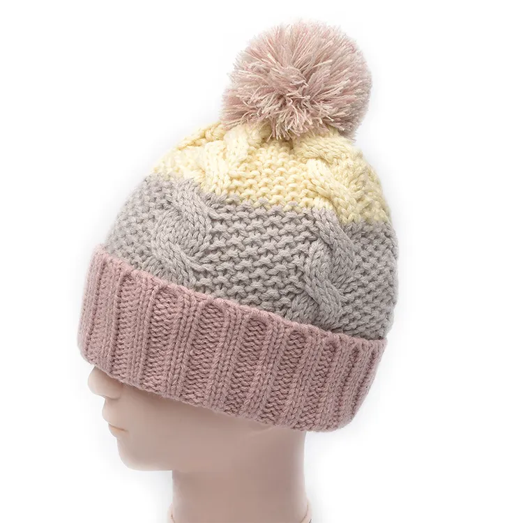Gorro de malha acrílico com forro de lã personalizado para mulheres e meninas, chapéu de inverno com pele falsa Pom Pom, em oferta