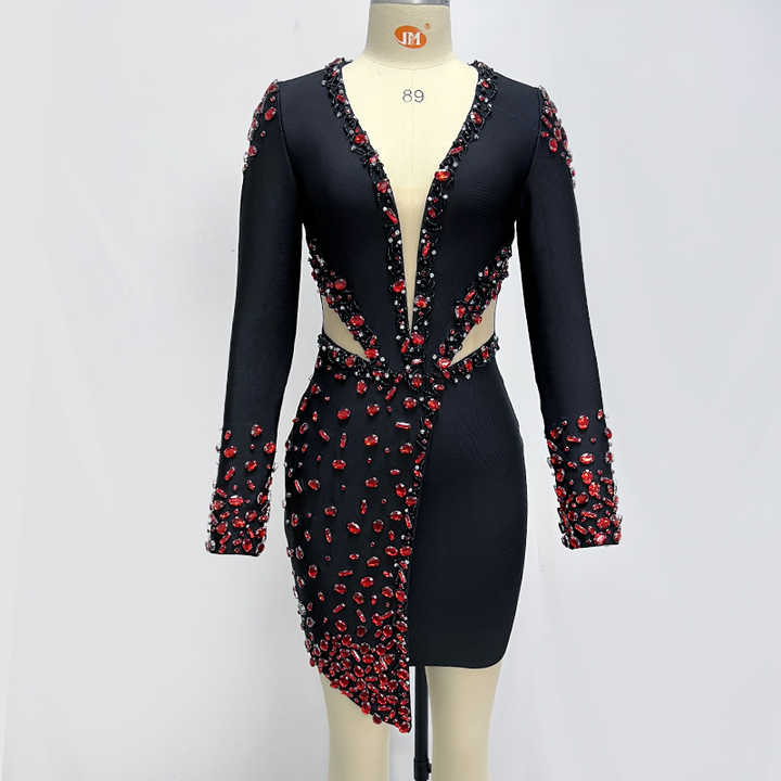 Sleeve Backless Hollow Out Lace Up Slit Sexy Bodycon Fall Women Birthday Party Cut Out Dress
