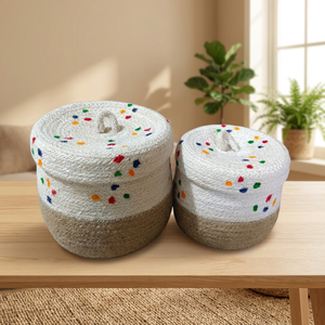 Natural Jute Woven Storage <b>Basket</b> <b>with</b> <b>Lid</b> Round Cotton Rope Organizer for Indoor Balcony Home Decor - Product Image 6