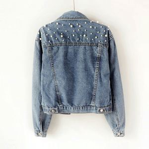 人気カジュアル高級レディースパールショートデニムトップスコートブルー長袖デニムジャケット - Product Image 3