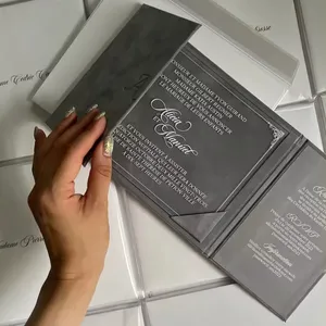 custom luxury Elegant Gray Velvet Gatefold Sleeves acrylic Wedding Invitation card marriage letterpress