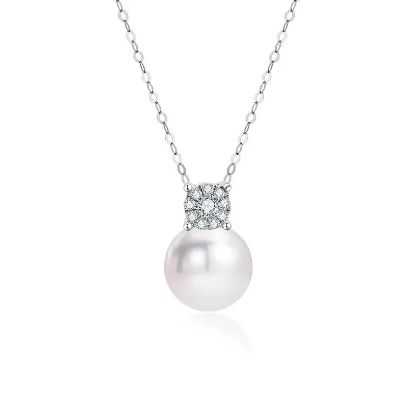 Bijoux fins en gros chaîne de perles d'eau douce délicatesse 18K or blanc Akoya et pendentif en diamant pour les femmes