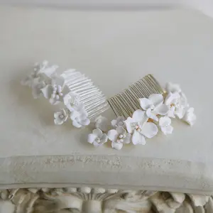 SLBRIDAL Handmade Rhinestone Pearls Porcelain Flower Alloy Bridal Hair Comb Wedding Headpieces Women Jewelry Hair Accessories