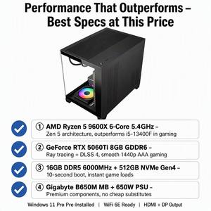 Ordinateur de bureau en promotion, ensemble complet, <span class=keywords><strong>AMD</strong></span> R5 9600X Gaming, DDR5 16 Go, SSD NVME 512 Go, RTX5060ti 8 Go GDDR6, Win 11 Pro - Product Image 2