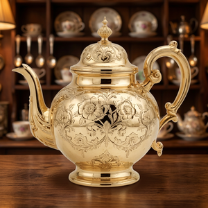 Vintage Gold Metal Tea Pot With Lid And Handle Ornate Floral Design - Product Image 4