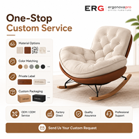 Fauteuil à bascule moderne Ergonovapro en cuir, design coquille nordique, capitonné, base en bois, mobilier léger pour la maison