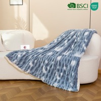 Couverture double couche en fausse fourrure de lapin imprimée bleu slub, doublure en polaire d'agneau, plaid doux et moelleux pour canapé, lit, hiver, vente en gros