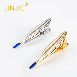 JINJIE fashion business gold and silver feather shape brass tie clips men for suit wholesale