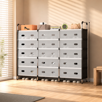 Meuble de rangement à chaussures extra large à 6 niveaux et 15 compartiments, avec structure métallique à 3 colonnes, organisateur de chaussures modulaire avec portes découpées pour hall d'entrée