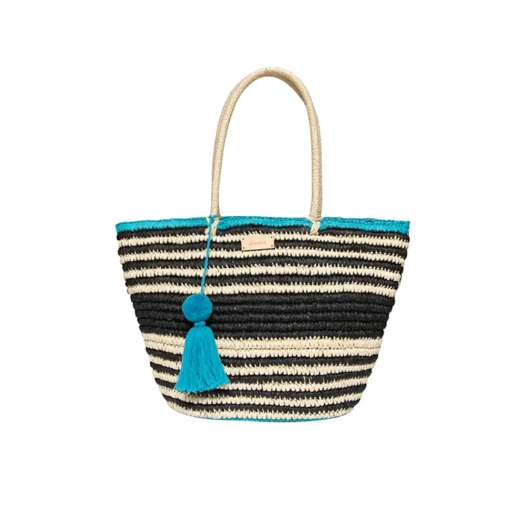 Jakijayi Hand Made Two Color Woven Straw Beach Bag With Tassel Pendant plastic woven beach bags