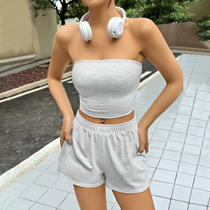 F240248 Nouveauté 2026 – Ensembles shorts d'été pour <span class=keywords><strong>femme</strong></span> – Deux pièces sexy et tendance avec crop top bustier – Tenue décontractée couleur unie – Ensemble deux pièces personnalisé - Product Image 4