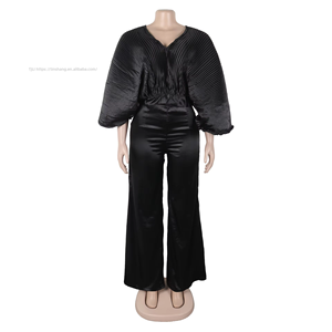 Stylish Smocked Pleated V-Neck Flutter Sleeve Blouse High Waist Pants Women's Two Piece <b>Set</b> Fashion - Product Image 4