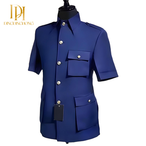 Nuevo conjunto de pantalones de <span class=keywords><strong>traje</strong></span> ajustados de un solo pecho de estilo chino, vestido de <span class=keywords><strong>boda</strong></span> <span class=keywords><strong>informal</strong></span>, <span class=keywords><strong>traje</strong></span> de manga corta con cuello levantado para <span class=keywords><strong>hombre</strong></span> - Product Image 5