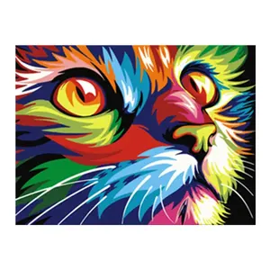 ภาพศิลปะแอบสแตรกต์ติดผนังภาพวาดติด5D ติดเพชรรูปแมวสีสันสดใสปักครอสติชด้วยเม็ดเพชร