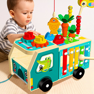 6-in-1 Holz-Lernspielzeug für Kleinkinder: Bauernhof-Schlagspiel, Fischfang, Radieschen-Ziehen, Uhr, Insektenfangen, Ziehauto, DIY - Product Image 5