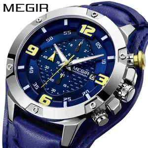 新款MEGIR 2099奢华蓝色飞行员男士手表复古牛仔运动手表石英表男士定制标志厂