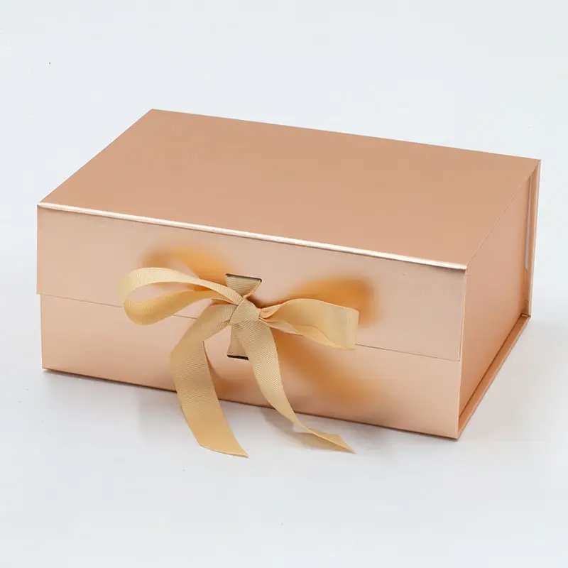 Custom elegant flat fold pack bulk magnetic closure rose gold gift box with ribbon bow