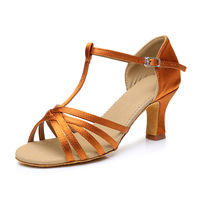 Chaussures de danse classiques à brides en T en microfibre pour salsa et danse latine, talon fin en satin, avec brides croisées
