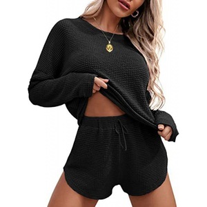 Ensemble de pyjama court en tricot gaufré pour femme, manches longues, vêtements de détente, vêtements de maison, marque privée, personnalisé - Product Image 1