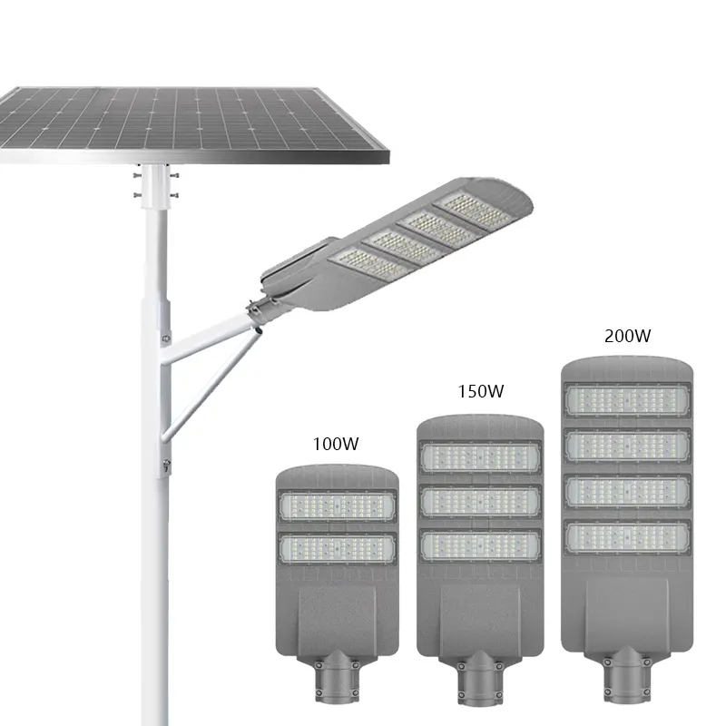 3 años de garantía Luz de calle solar de aluminio Panel de polisilicio IP65 Impermeable 50W 100W 150W 200W Luz de calle solar led dividida