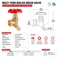 Robinet de contrôle multi-tours en laiton sans plomb avec raccords PEX 1/2'' et MHT 3/4''