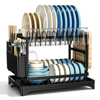 Égouttoir à vaisselle noir en acier inoxydable à 2 niveaux pour assiettes, tasses, couteaux et planches à découper – Vente en gros