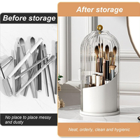Organisateur de maquillage anti-poussière en forme de cage à oiseaux, boîte de rangement de cosmétiques de bureau pour pinceaux, stylos, support rotatif à 360 degrés