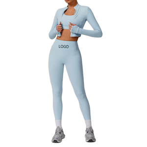 Custom Logo Solid Gym Outfit Set Stretchy <b>Zip</b>-<b>up</b> <b>Jackets</b> Thumb Holes High Waist Tummy Control Leggings Halter Bra 3-Piece Yoga - Product Image 1