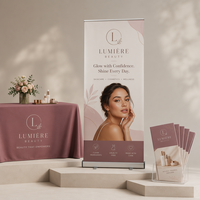 Kit de stand d'exposition personnalisé pour l'industrie de la beauté, comprenant une nappe, un présentoir enroulable et des brochures pour les marques de soins de la peau, de maquillage et de cosmétiques