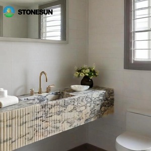 StoneSun Calacatta Viola natuursteen marmeren spoelbak met wastafelonderstel van massief hout voor luxe badkamerprojecten - Product Image 3
