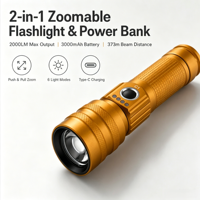 Lampe torche zoomable C1 2000 lumens, batterie externe 3000 mAh, portée 373 m, étanche IP65, LED rechargeable USB, d'urgence